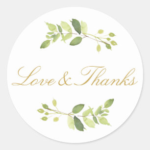 Whimsical Watercolor Greenery Love and Thanks Classic Round Sticker