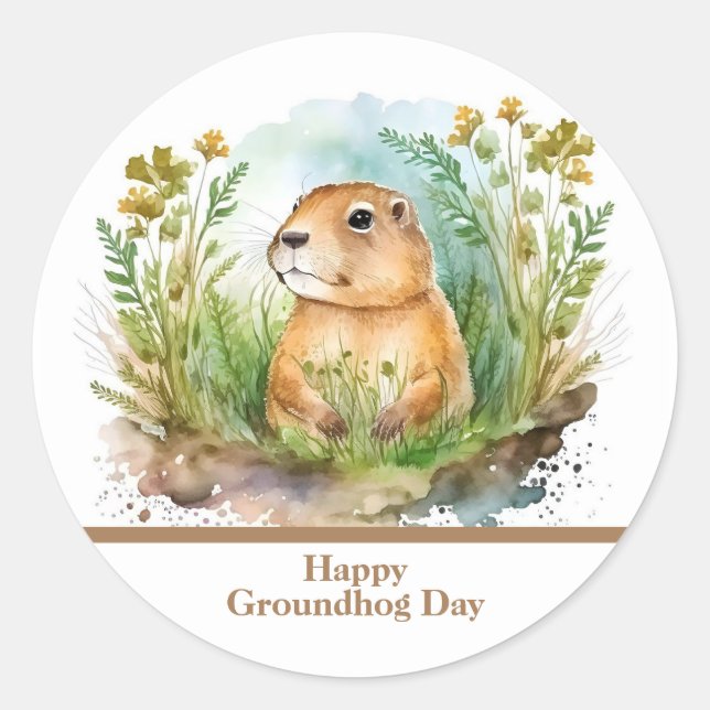 Whimsical Watercolor Happy Groundhog Day  Classic Round Sticker (Front)
