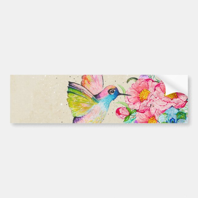 Whimsical watercolor hummingbird and flowers bumper sticker (Front)