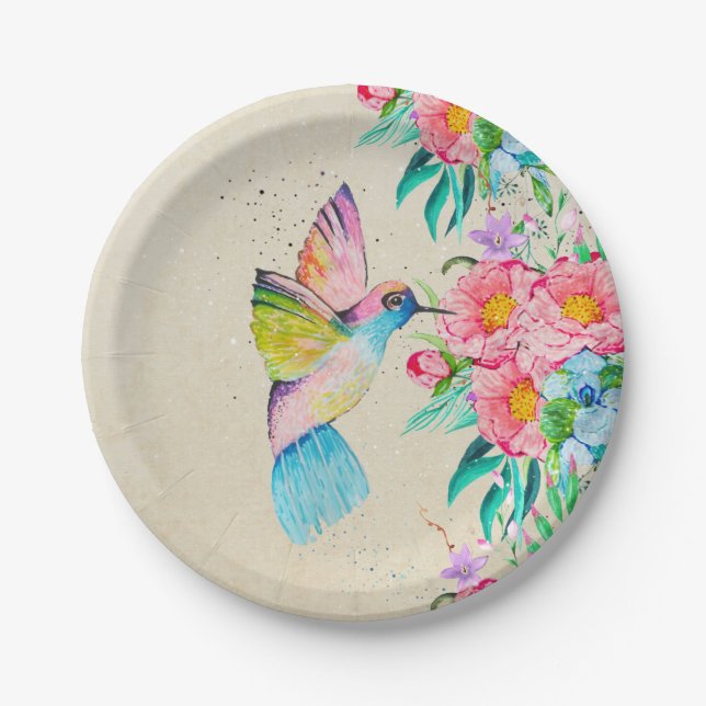 Whimsical watercolor hummingbird and flowers paper plate (Front)