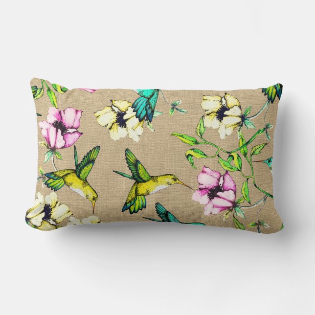 Whimsical Watercolor Hummingbirds & Flowers Lumbar Cushion (Front)