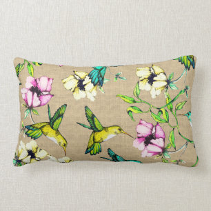 Whimsical Watercolor Hummingbirds & Flowers Lumbar Cushion