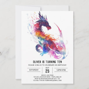 Whimsical Watercolor Kids Dragon Birthday Invitation