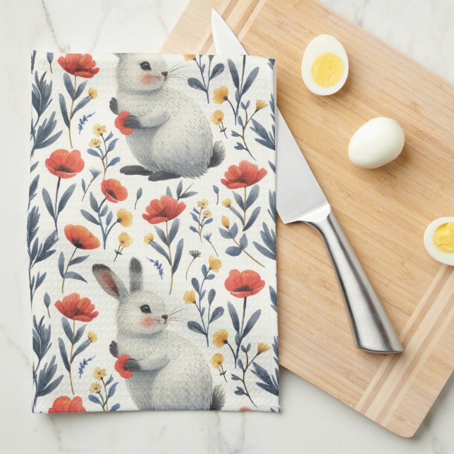 Whimsical Watercolor Meadow Bunny Easter Tea Towel (Quarter Fold)
