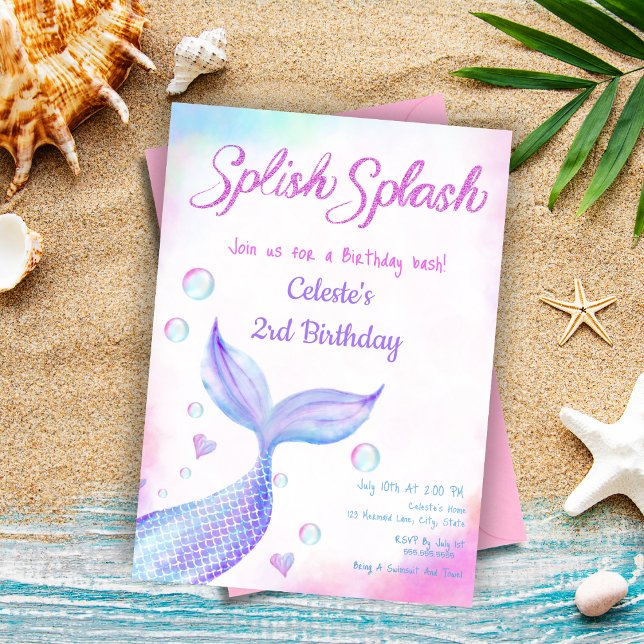 Whimsical Watercolor Mermaid Splish Splash Glitter Invitation (Create mer-mazing memories with our customizable 'Splish Splash' invitation!)