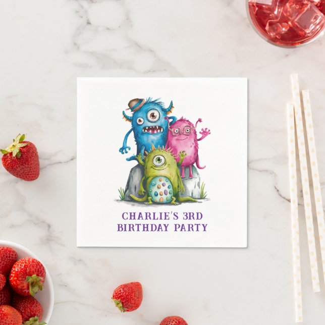 Whimsical Watercolor Monsters Kid's Birthday Party Napkin (Insitu)