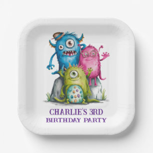 Whimsical Watercolor Monsters Kid's Birthday Party Paper Plate