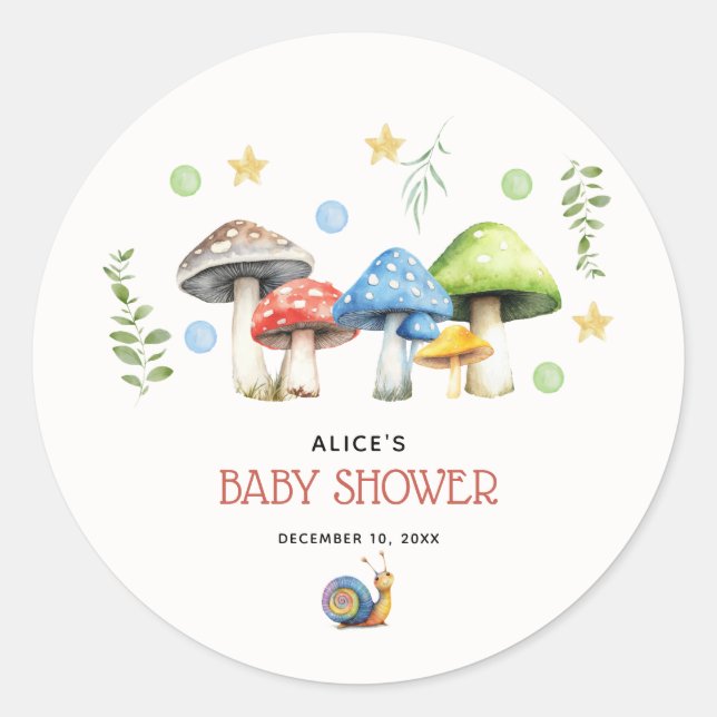 Whimsical Watercolor Mushroom Baby Shower  Classic Round Sticker (Front)