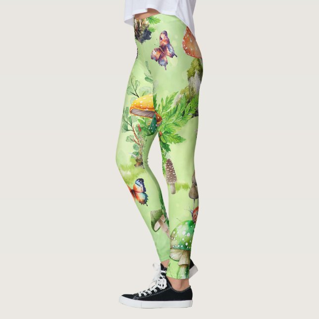 Whimsical Watercolor Mushroom Garden Leggings (Left)