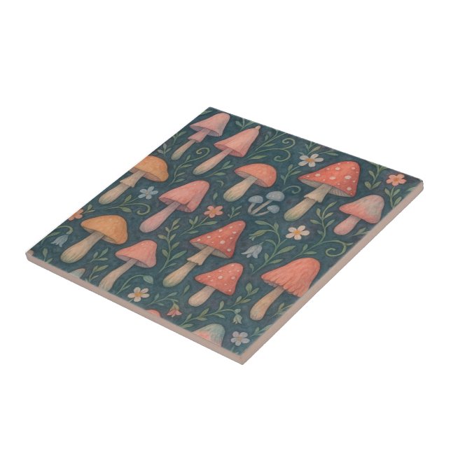 Whimsical Watercolor Mushroom Pattern Ceramic Tile (Side)