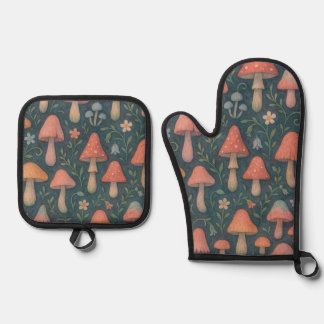 Whimsical Watercolor Mushroom Pattern Oven Mitt & Pot Holder Set