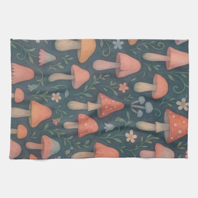 Whimsical Watercolor Mushroom Pattern Tea Towel (Horizontal)