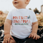 Whimsical Watercolor My First Christmas Name  Baby Baby T-Shirt<br><div class="desc">beautiful watercolor hand lettered my first Christmas and pine tree illustration kids t-shirt. Customisable!</div>