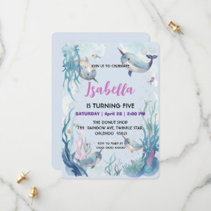 Whimsical Watercolor Narwhal fish  Unicorn of the  Save The Date