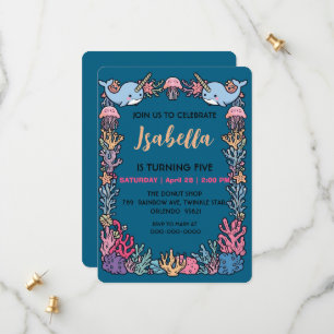 Whimsical Watercolor Narwhal fish  Unicorn of the  Save The Date