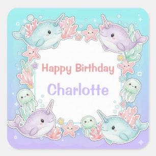 Whimsical Watercolor Narwhal fish Unicorn of the Square Sticker