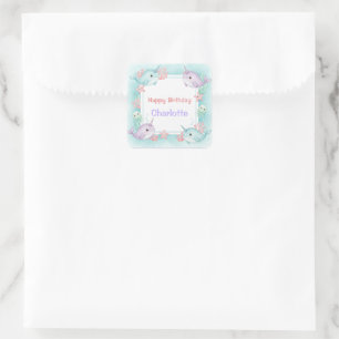 Whimsical Watercolor Narwhal fish Unicorn of the Square Sticker