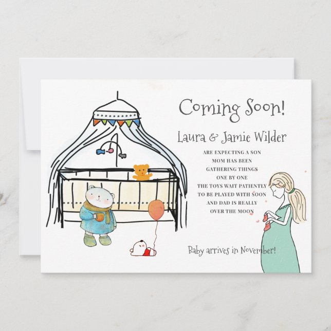 Whimsical Watercolor Nursery And Mum Pregnancy Announcement (Front)