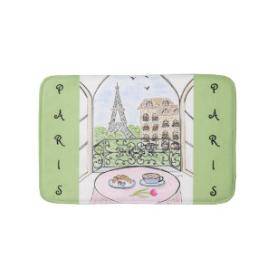 Whimsical Watercolor Paris and Eiffel Tower Bath Mat