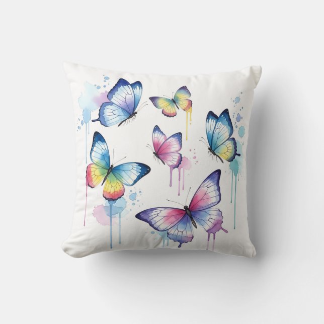 Whimsical Watercolor Pastel Butterfly Drip Cushion (Front)