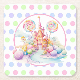 Whimsical Watercolor Pastel Candyland Birthday Square Paper Coaster