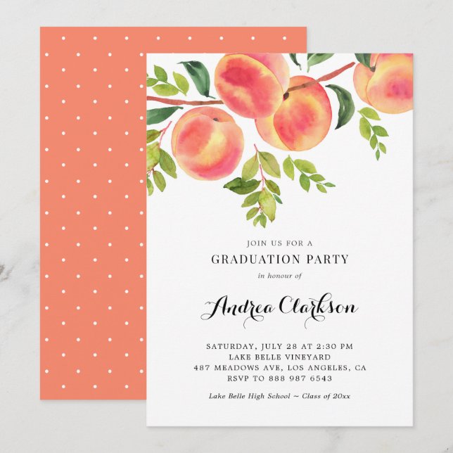 Whimsical Watercolor Peaches Graduation Party Invitation (Front/Back)