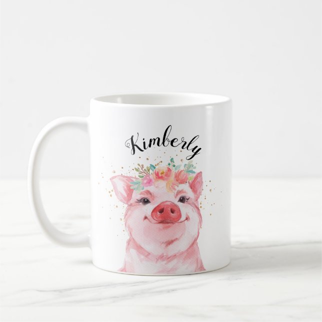 Whimsical Watercolor Pig with Floral Crown Coffee Mug (Left)