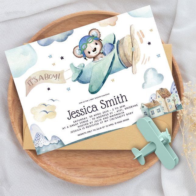 Whimsical Watercolor Pilot Teddy Bear Invitation (Creator Uploaded)