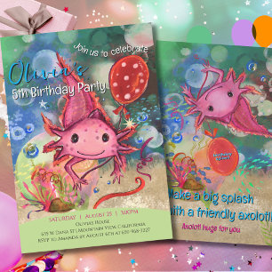 Whimsical Watercolor Pink Axolotl Cute Kids Invitation
