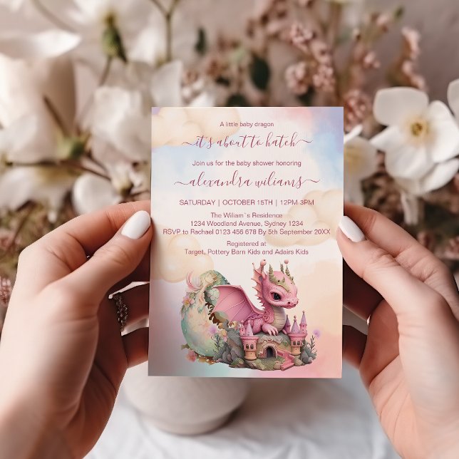 Whimsical Watercolor Pink Dragon Baby Shower Invitation (Creator Uploaded)