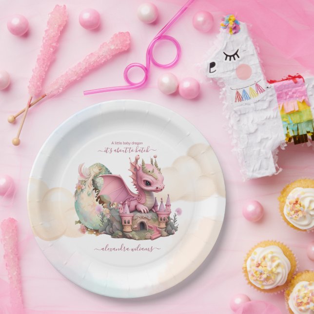 Whimsical Watercolor Pink Dragon Baby Shower Paper Plate (Party)