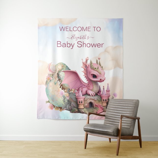 Whimsical Watercolor Pink Dragon Baby Shower Tapestry (In Situ)