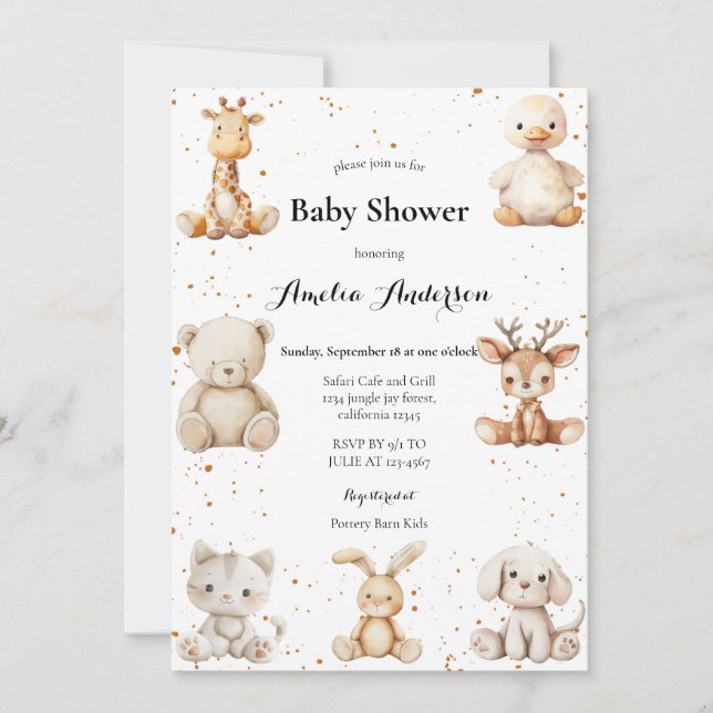 Whimsical Watercolor Plush Animals Baby Shower Invitation (Front)