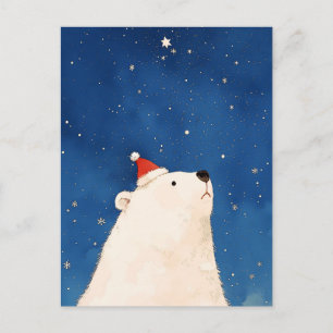 Whimsical Watercolor Polar Bear Starry Night Postcard