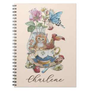 Whimsical Watercolor Purrmaid Teacup Floral Notebook
