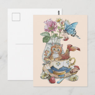 Whimsical Watercolor Purrmaid Teacup Floral Postcard
