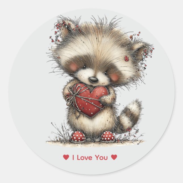 Whimsical Watercolor Raccoon Love Sticker (Front)