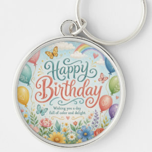 Whimsical Watercolor Rainbow Balloons Floral Key Ring