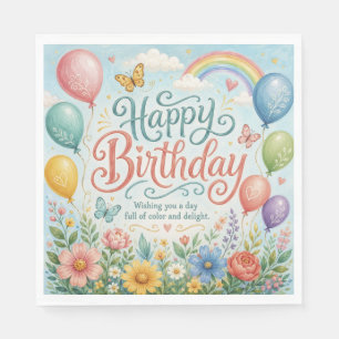 Whimsical Watercolor Rainbow Balloons Floral Napkin