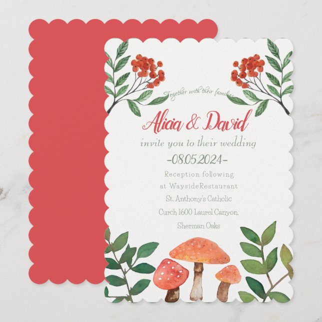 Whimsical Watercolor Red Mushroom Wedding  Invitation (Front/Back)