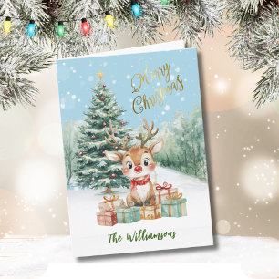 Whimsical Watercolor Reindeer Christmas Tree  Card