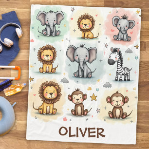 Whimsical Watercolor Safari Animal Doodles Fleece Blanket