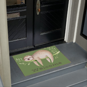 Whimsical Watercolor Sleepy Sloth Doormat