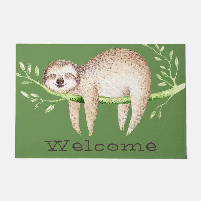 Whimsical Watercolor Sleepy Sloth Doormat (Front)