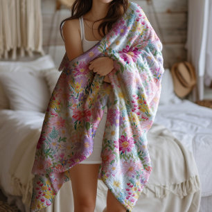 Whimsical Watercolor Summer Spring Floral  Fleece Blanket
