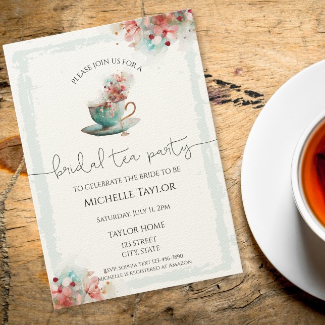 Whimsical Watercolor Tea Bridal Shower Invitation (blue watercolor tea cup with flowers bridal shower invitation)