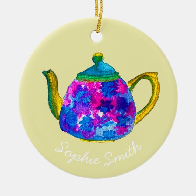 Whimsical watercolor teapot ceramic ornament (Front)