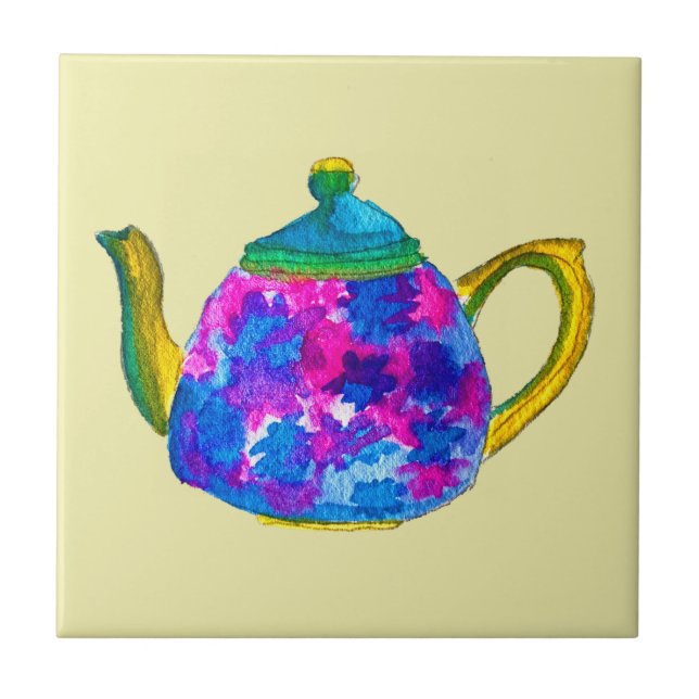 Whimsical watercolor teapot ceramic tile (Front)