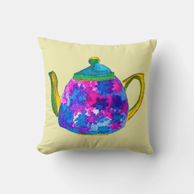 Whimsical watercolor teapot cushion (Front)