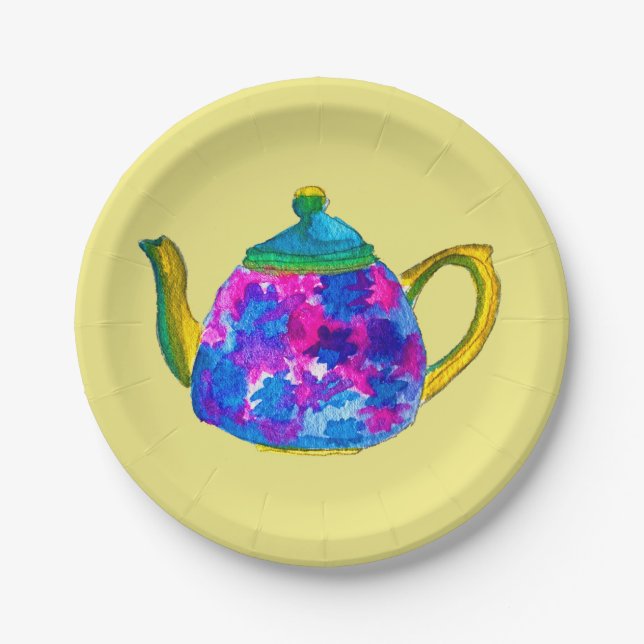 Whimsical watercolor teapot paper plate (Front)